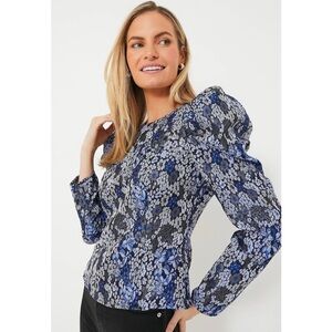 Tuckernuck Hyacinth House Blue Jacquard Priscilla Floral Puff Sleeve Blouse XS